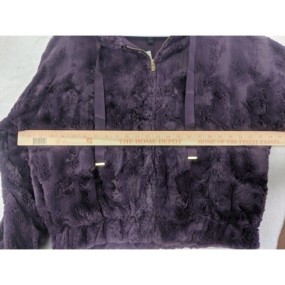EXPRESS Faux Fur Hooded Deep Purple Teddy Jacket Sz Small w/ Gold Accents - Picture 12 of 14